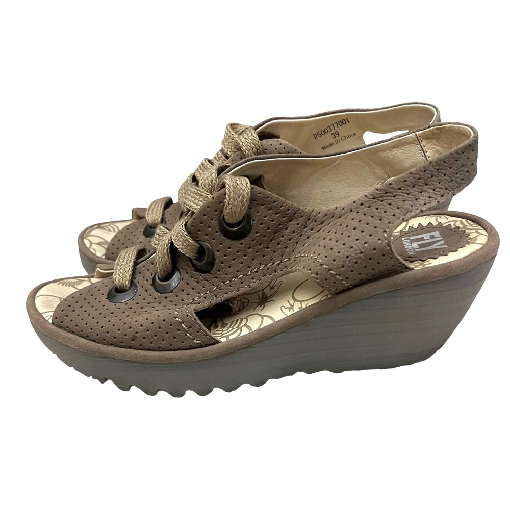 Fly London Yuta Granola Taupe Leather Lace‎ Up Boho Wedge Slingback Sandals 39